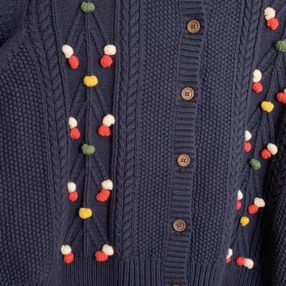 The GREAT The Frond Pom Pom Embellished Knit Cardigan Sweater Midnight Blue 2/M - Picture 11 of 12
